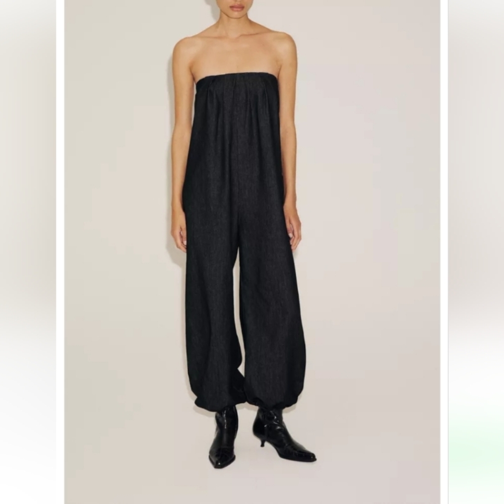 Zara TRF  Black Denim Balloon Strapless Jumpsuit Sz-XL